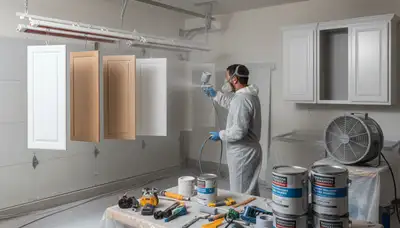 Professional cabinet painting process using spray techniques in Omaha, NE kitchen refinishing project