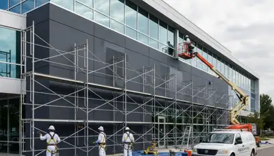 Professional commercial painters at work on Omaha NE office building exterior