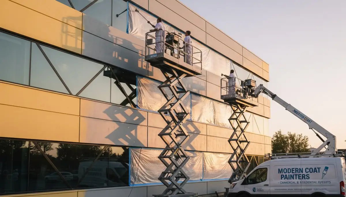 Professional commercial painters finishing office exterior in Omaha, NE