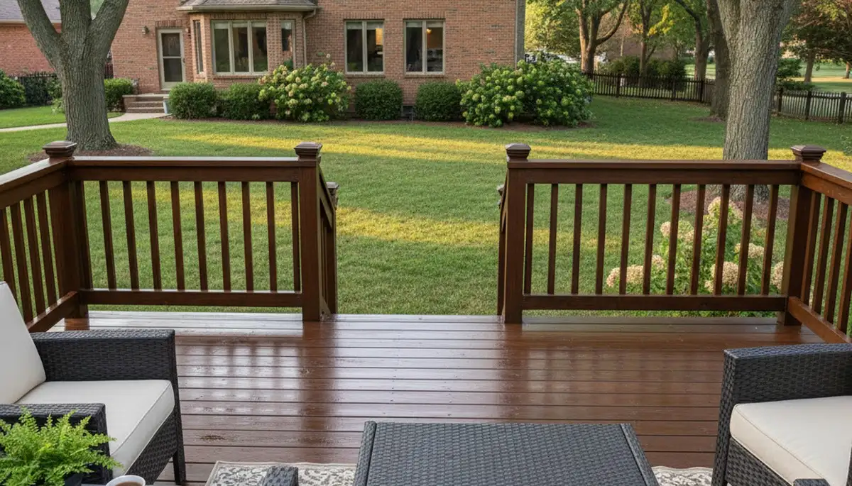 Finished deck staining in Omaha, NE showcasing restored wood deck with protective, weather-resistant finish
