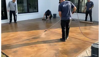 Professional concrete staining on residential patio in Omaha, NE with durable floor finish