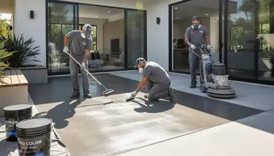 Professional concrete staining on residential driveway in Omaha, NE for durable, long-lasting finish