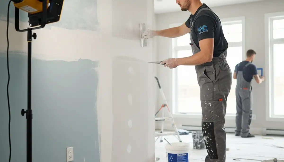 Drywall repair experts fixing wall cracks and holes in an Omaha, NE home interior