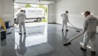 Epoxy floor coating installation in Omaha, NE garage by professional house painters