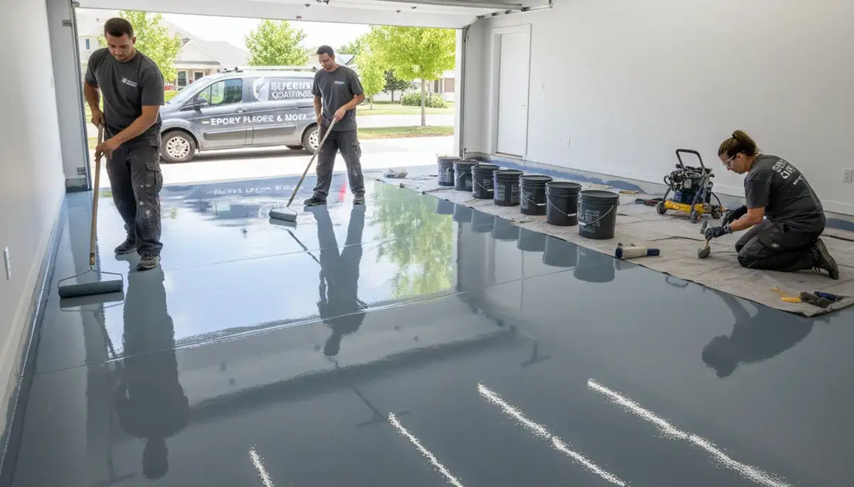 Epoxy floor coating in Omaha, NE garage with durable, moisture-resistant finish by painting professionals