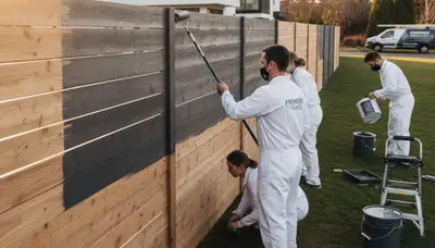 Professional fence painters coating wood fence in Omaha, NE for weather-resistant finish