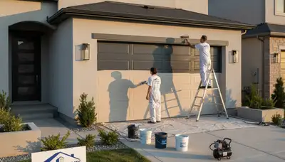 Professional painters refinishing a residential garage door in Omaha, NE with durable exterior paint