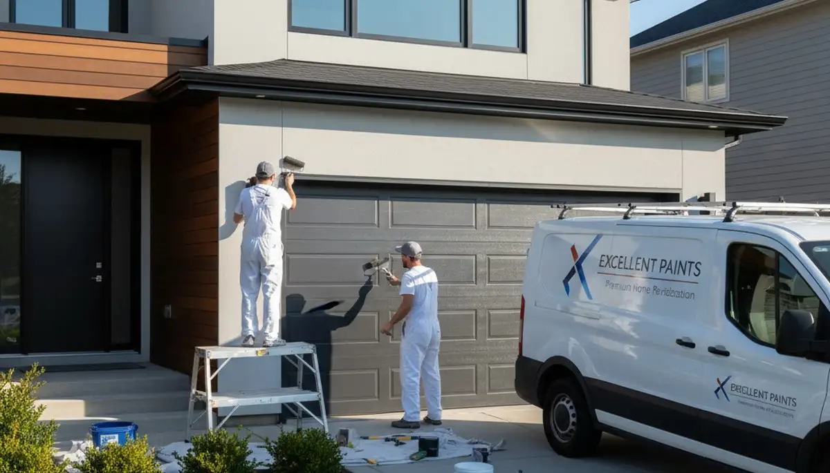 Professional painter refinishing a residential garage door in Omaha, NE for a durable, weather-resistant finish