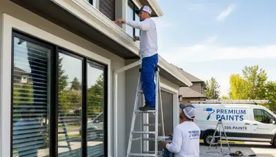 Professional gutter painting on residential home exterior in Omaha, NE by expert house painters
