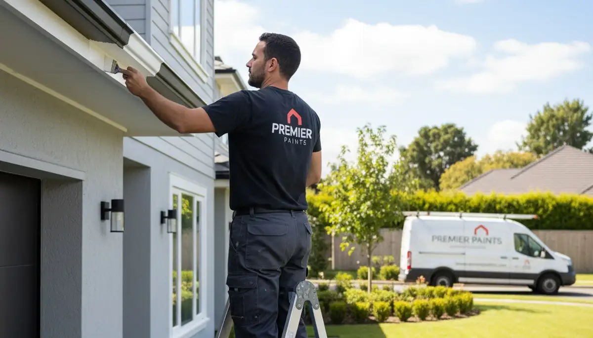 Professional gutter painting on a residential home in Omaha, NE by experienced house painters