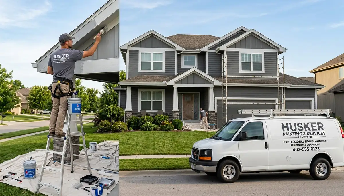 Professional house painters working on residential exterior in Omaha, NE