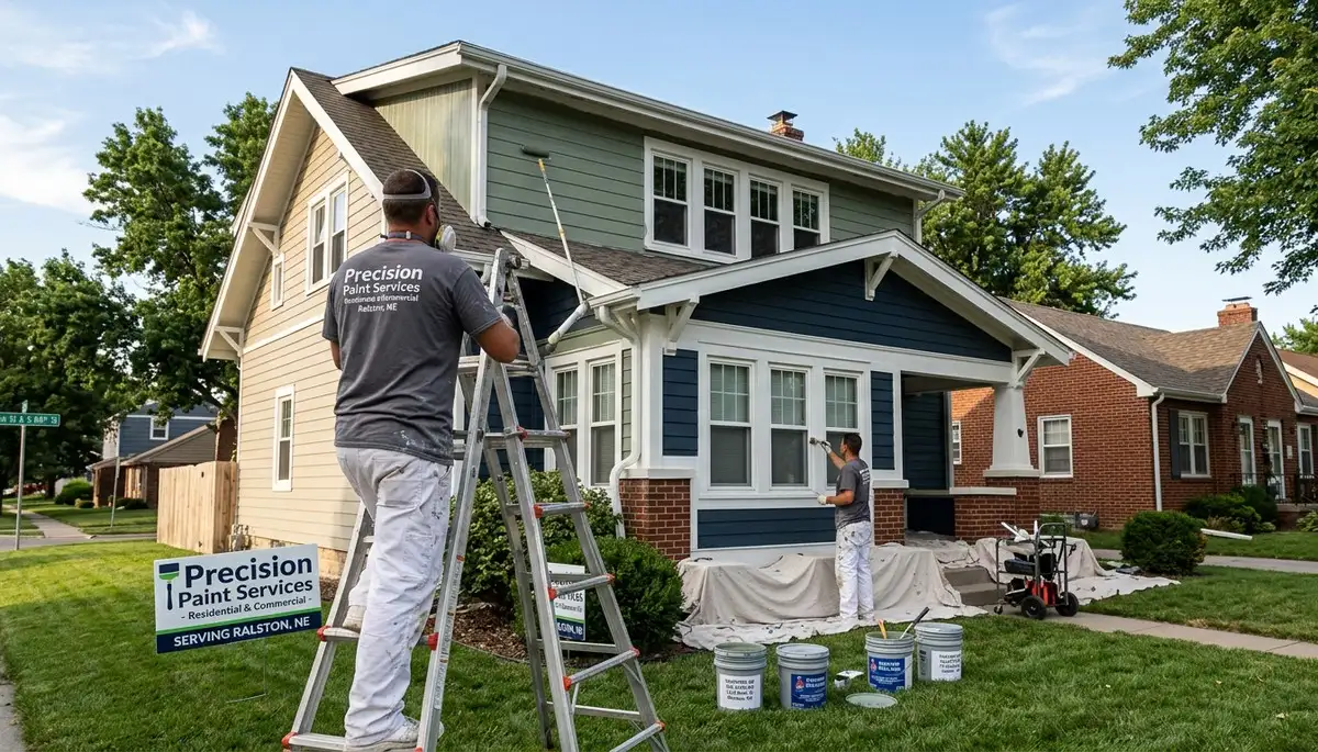 Professional house painters working on Omaha NE home exterior repaint project