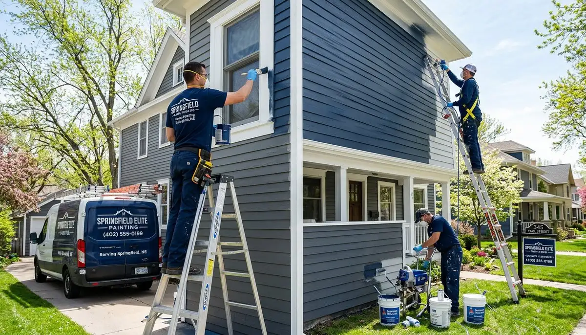 Professional house painters working on residential exterior in Omaha, NE