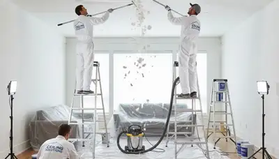 Professional popcorn ceiling removal in Omaha, NE home by expert painters creating smooth modern finish