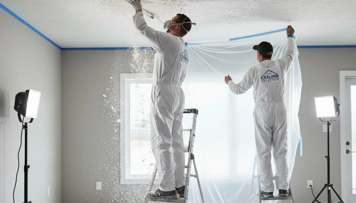 Painter removing popcorn ceiling in Omaha, NE home for smooth modern finish